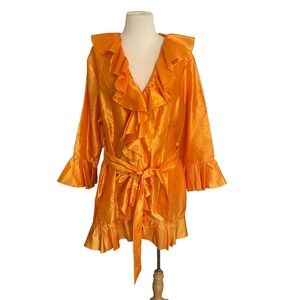 Vintage Jerry T. Orange Ruffled Tie Waist Long Sleeve Blouse Top Women Size XXL